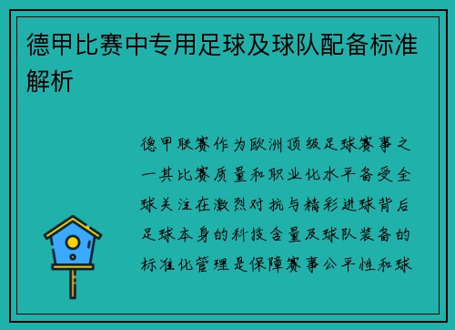 德甲比赛中专用足球及球队配备标准解析