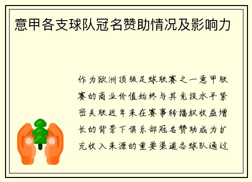 意甲各支球队冠名赞助情况及影响力
